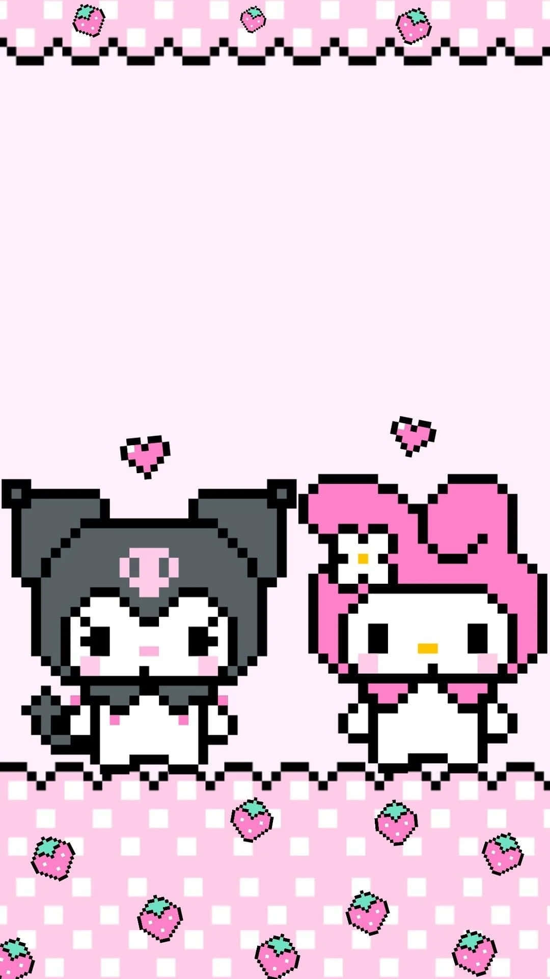 Kuromi And My Melody 桌布 壁紙 — 像素藝術牆紙， featuring Kuromi 和 My Melody，帶有粉紅色草莓圖案邊框。
