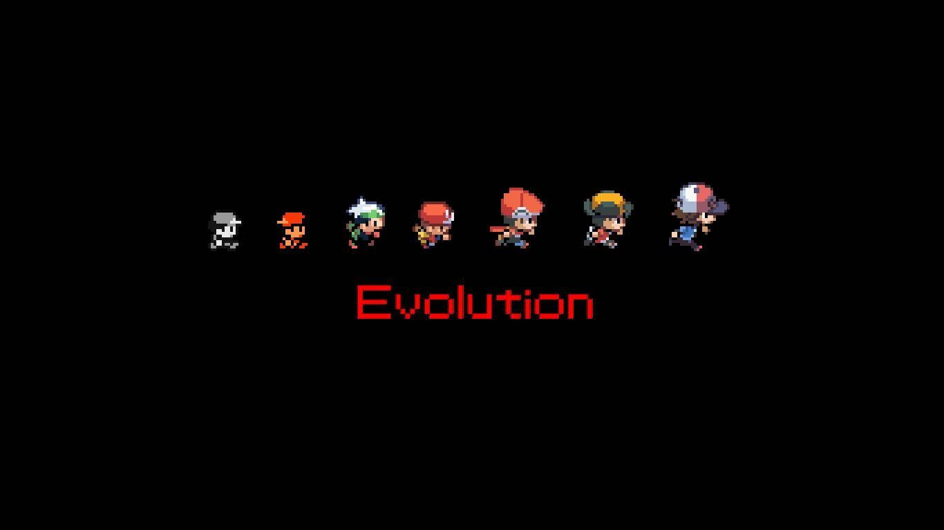 黑色動態圖 桌布 壁紙 — 像素藝術角色在黑色背景上，帶有紅色「Evolution」文字，經歷七個階段進化。