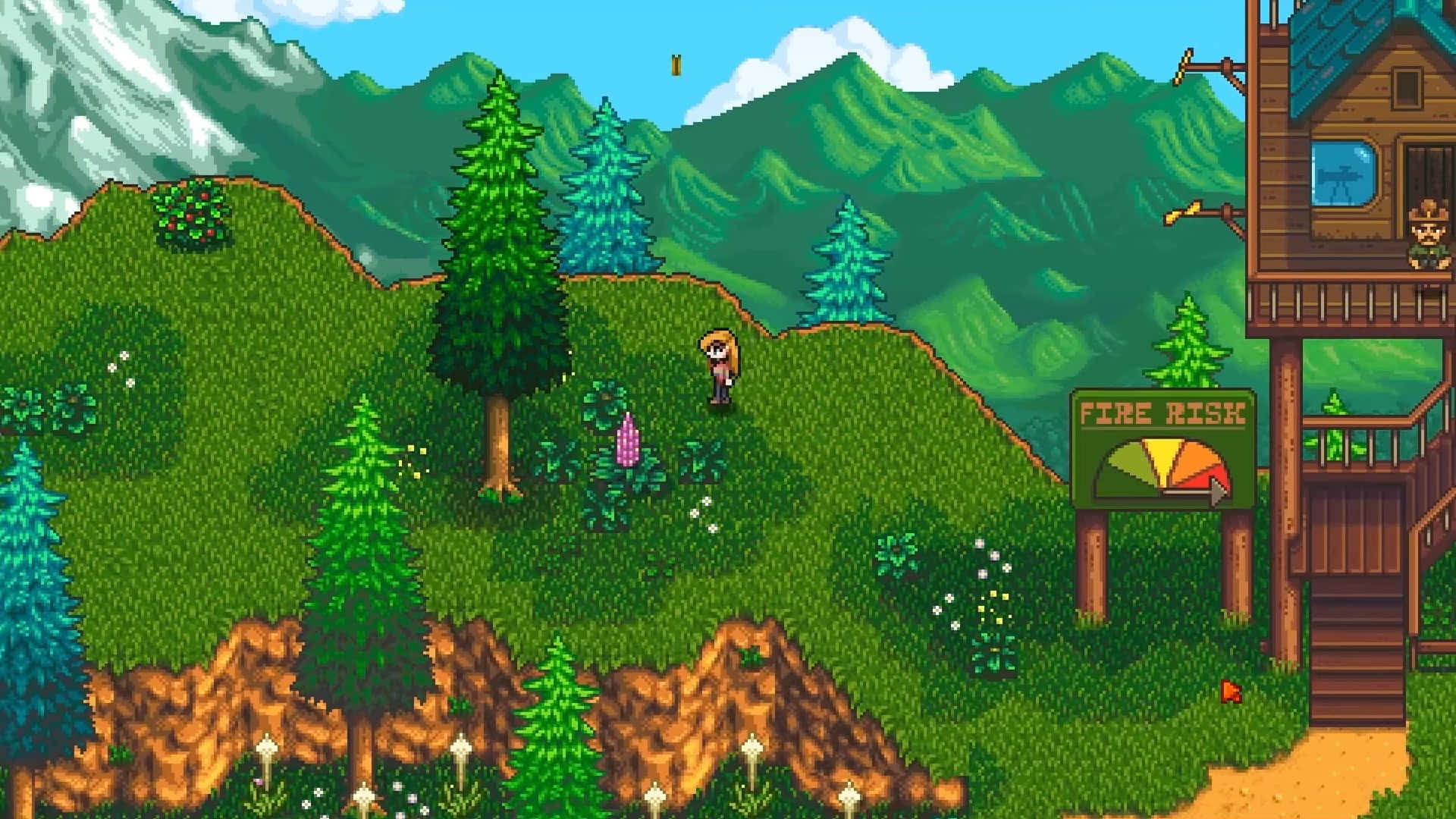 像素藝術遊戲場景，角色在森林中靠近房屋和山脈。