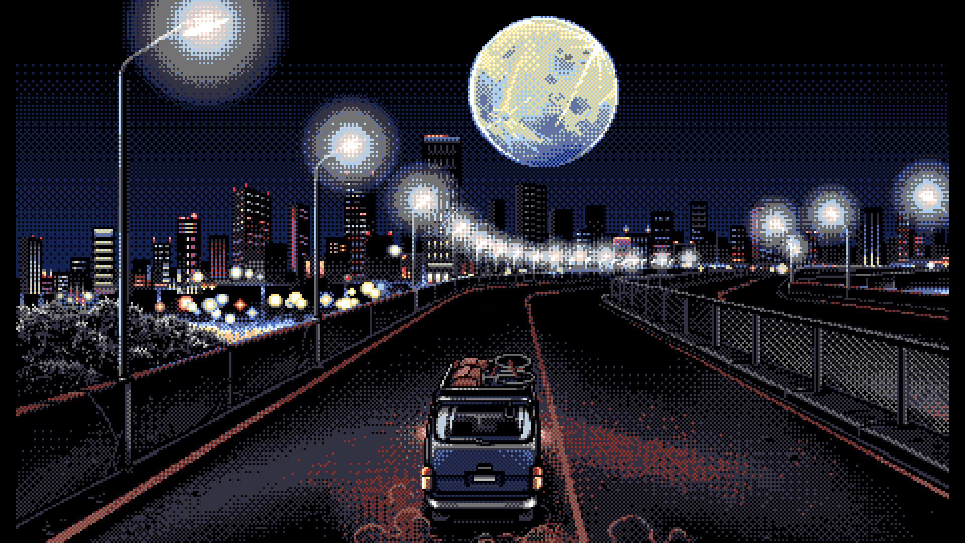城市景觀 桌布 壁紙 — 像素藝術貨車在夜晚的橋上行駛，橋上有霓虹燈和摩天大樓，月亮閃耀。