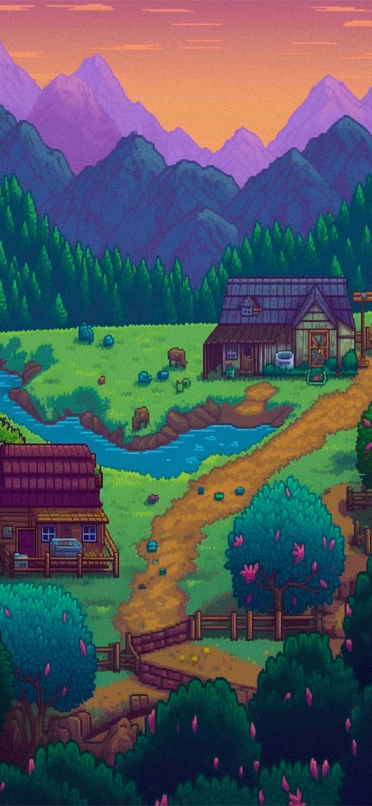 Indie Gaming 桌布 壁紙 — 像素藝術農場坐落於充滿活力的山谷中，有紫色山脈和粉紅色日落天空。