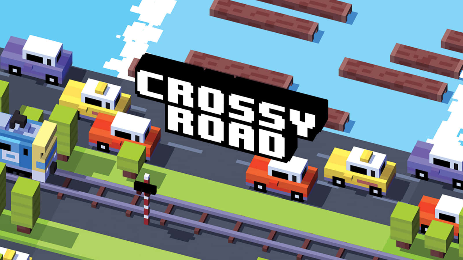 Casual Games 桌布 壁紙 — 像素藝術遊戲場景，色彩繽紛的汽車在明亮的藍天下穿越鐵路軌道。