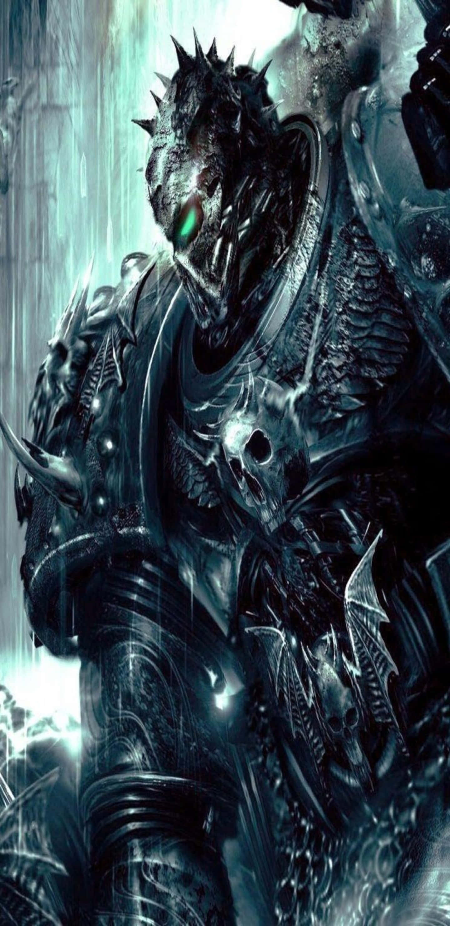 像素藝術風格的《戰錘3：黎明之戰》即將推出遊戲插圖 壁紙 — 一個帶有發光綠色眼睛和尖刺頭盔的威脅性裝甲戰士，站在黑暗冰冷的環境中。