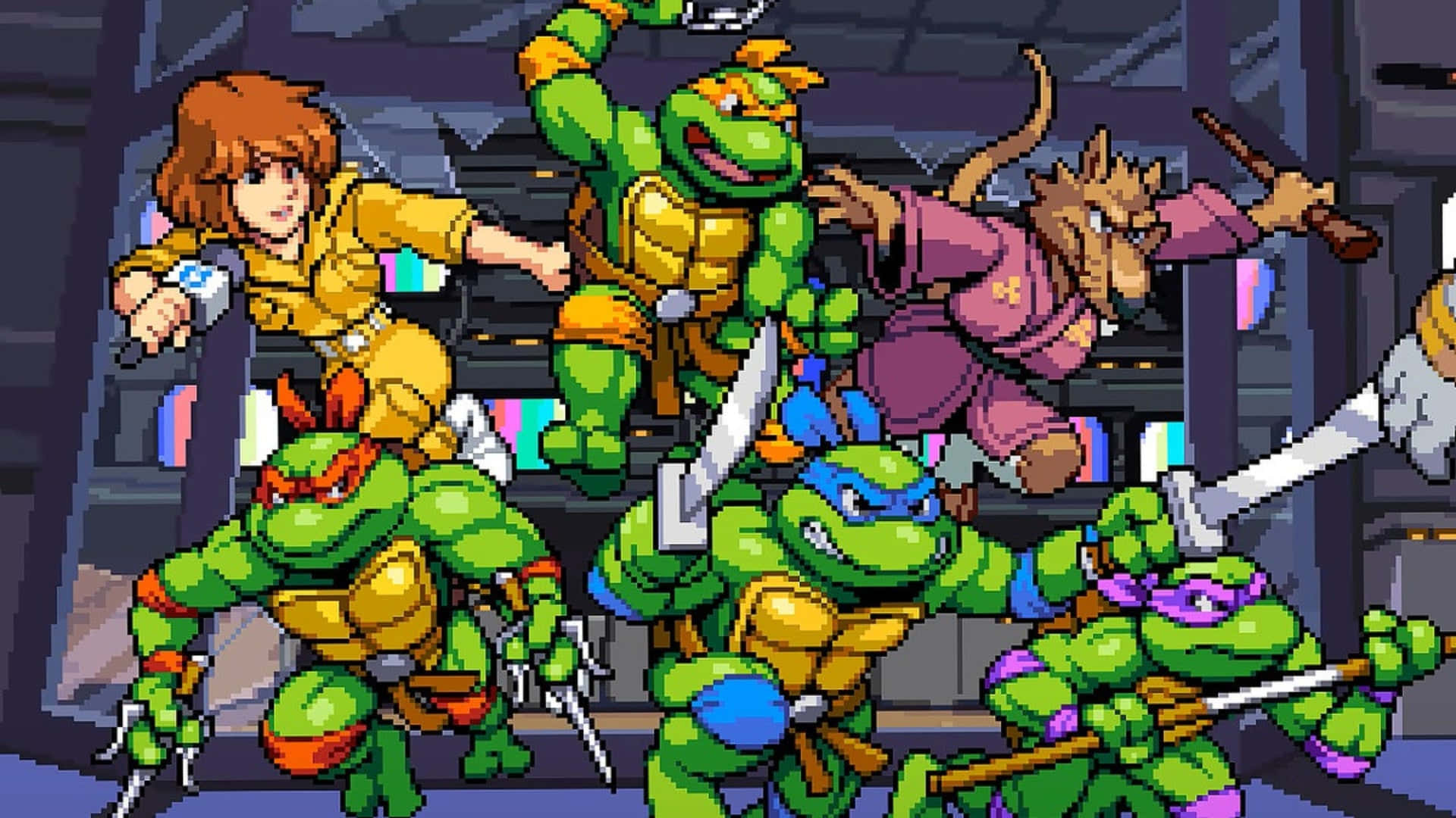 tmnt 桌布 壁紙 — 像素藝術風格的忍者龜與盟友在霓虹燈反射的骯髒城市小巷中戰鬥。