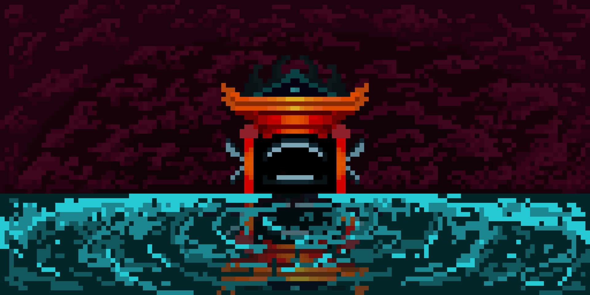 像素化神社淹沒在暴風雨的水中，天空陰暗