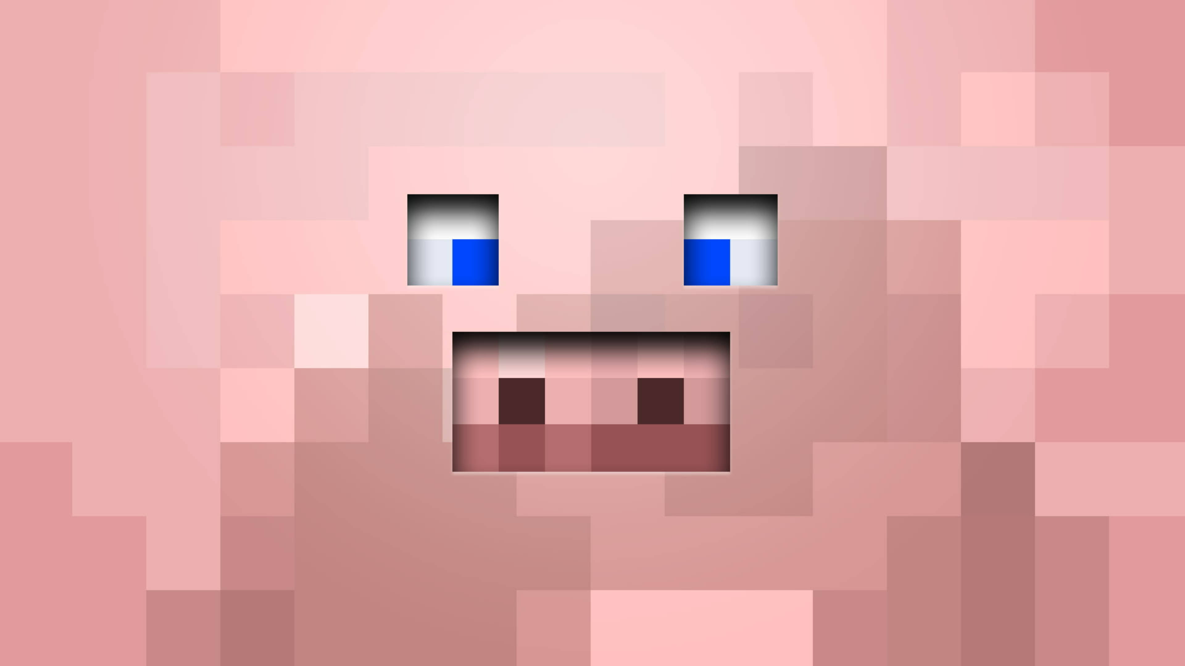 像素風格 Minecraft 豬 壁紙 — 一個特寫像素化豬臉，藍色眼睛和微笑的嘴巴，柔和粉紅色調。