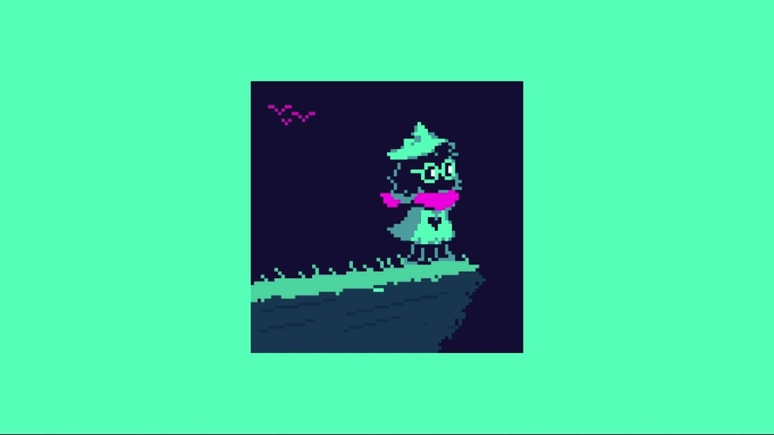 像素風格 Ralsei（來自 Deltarune） 壁紙 — 一個像素化角色戴著青綠色帽子和粉紅色圍巾，站在懸崖邊緣，背景是黑暗的夜空，附近有一隻粉紅色小鳥飛翔。