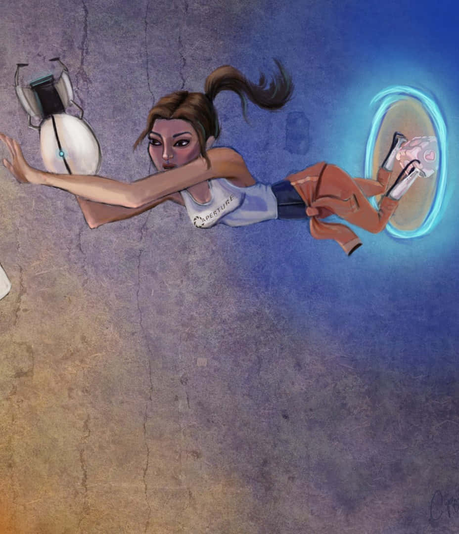 像素風格《傳送門2》女性角色插畫背景 壁紙 — Chell 穿過一道裂縫牆壁，手持傳送槍和同伴方塊，以風格化的遊戲插圖呈現。