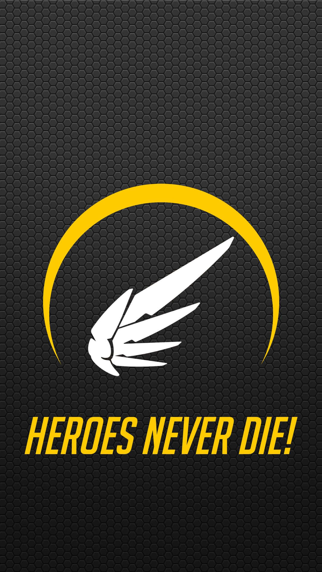 一個白色有翼標誌在黃色弧線中，帶有文字 heroes never die，背景為黑色六角形。