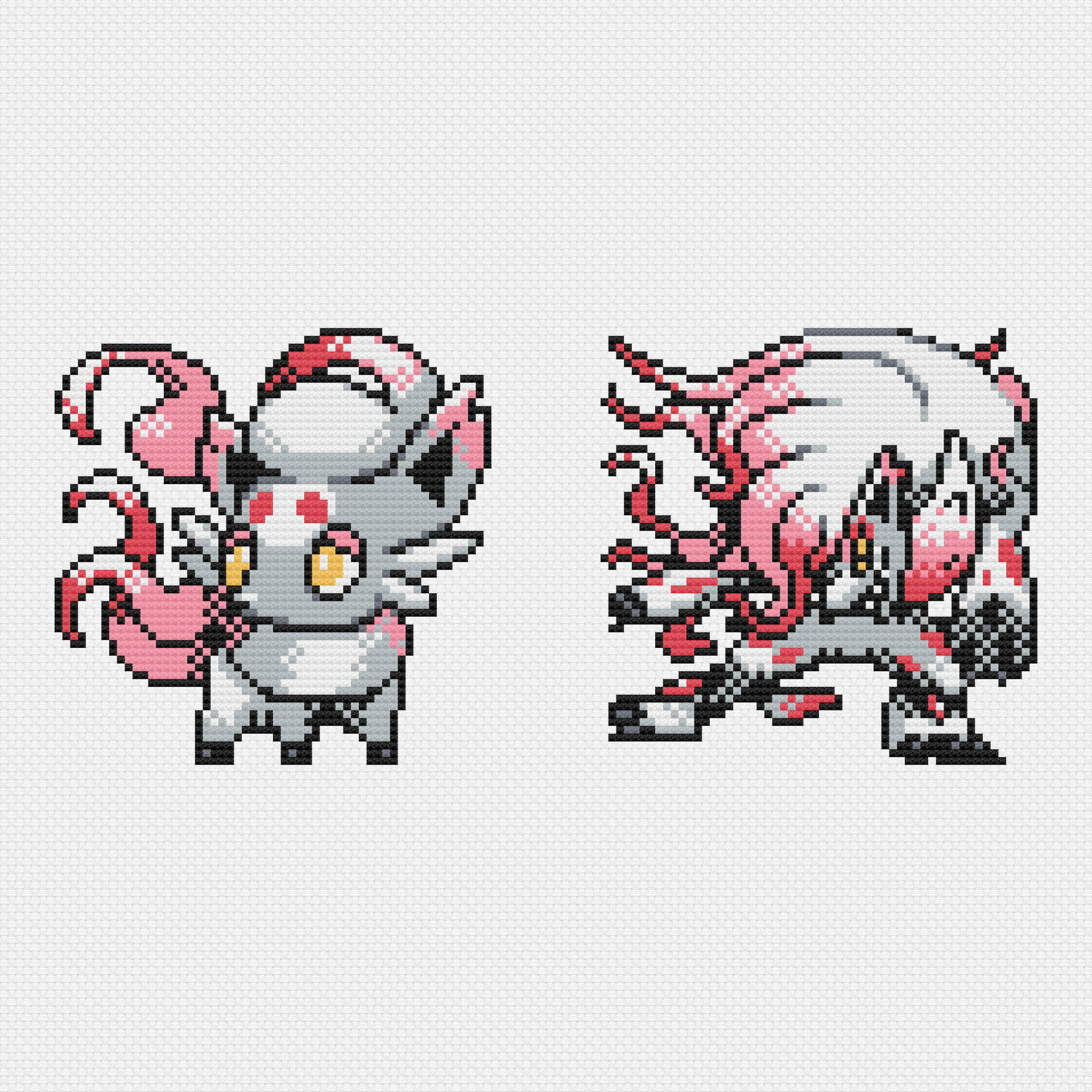 像素風格Hisuian Zorua與Zoroark 壁紙 — 兩個像素藝術寶可夢角色，一個靜靜站立，另一個擺出動態姿勢，兩者均採用粉紅和灰色配色。