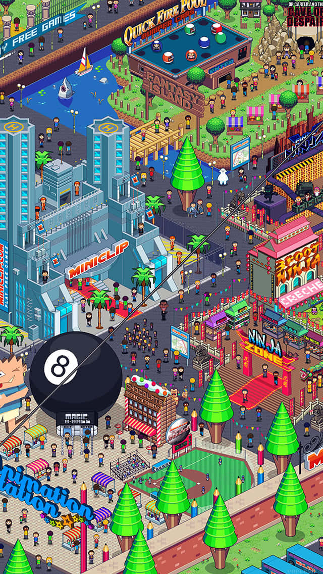 像素藝術城市，從上方觀看遊戲和人群。