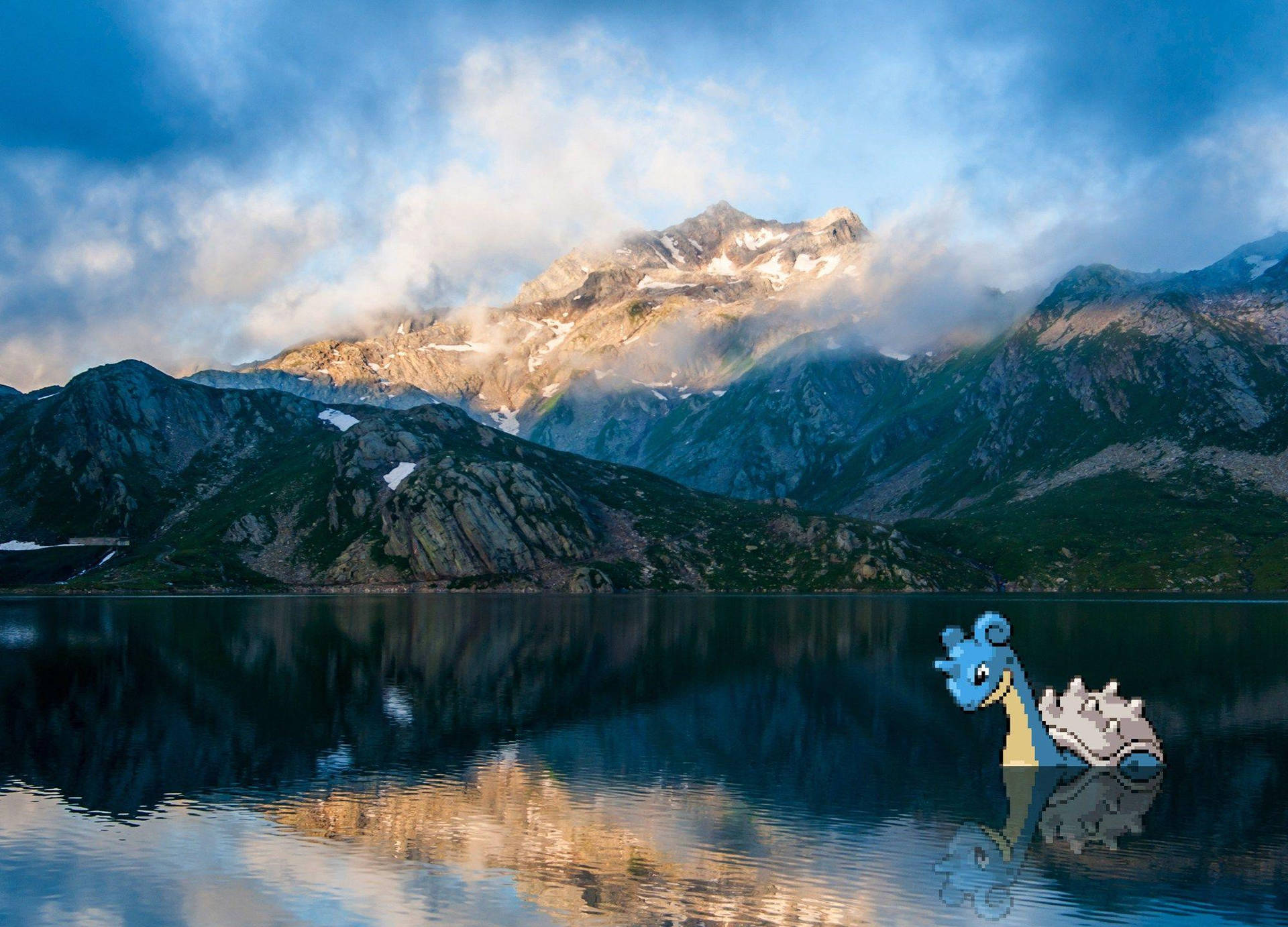 像素龍在山湖中游泳，有雪峰