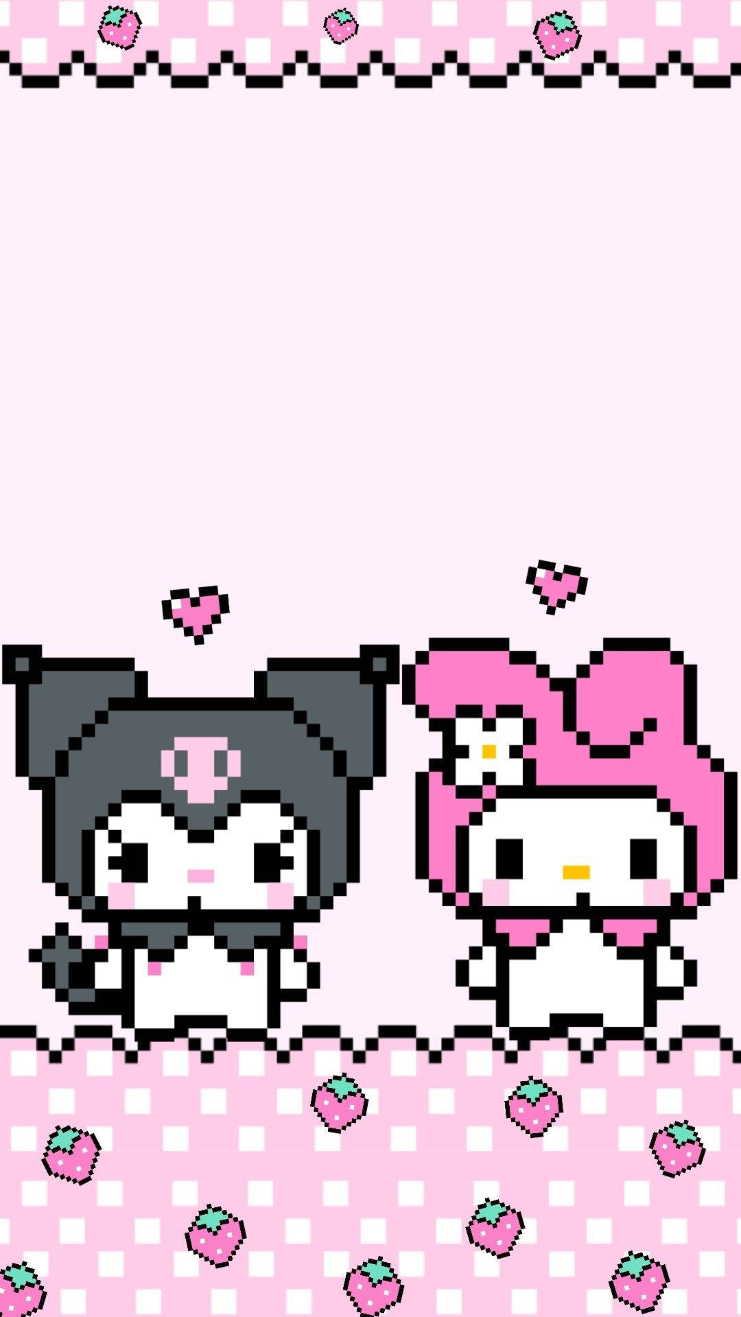 像素風格的My Melody與Kuromi 壁紙 — 像素藝術牆紙， featuring Kuromi 和 My Melody 在粉紅色士多啤梨圖案邊框內。