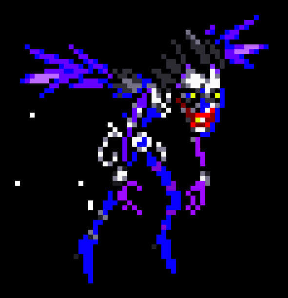 像素風格的殺死筆角色 壁紙 — 一個像素化的藍色和紫色惡魔形象，帶有發光的眼睛和尖刺的頭髮，背景為黑色。