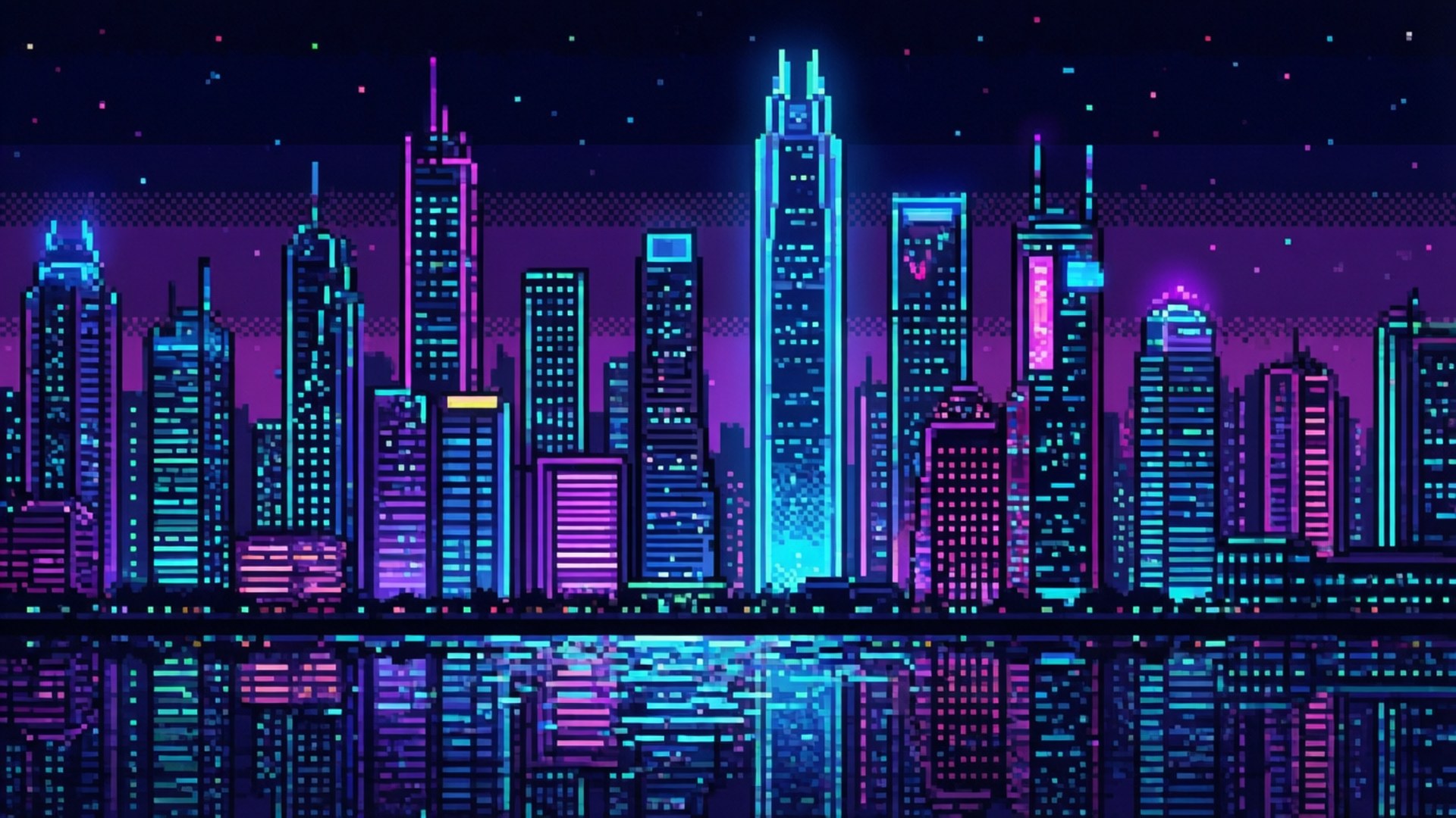 像素化霓虹城市天際線，發光建築在星空下倒映在水中