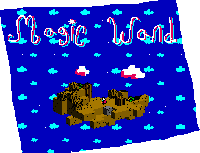 像素風格魔法棒場景 壁紙 — 像素藝術遊戲場景，浮空島嶼與「Magic Wand」文字，背景為繁星藍天白雲。
