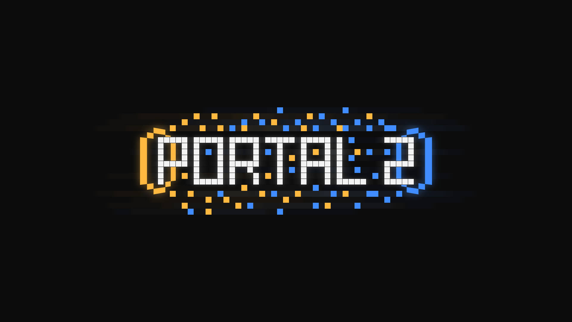 像素化 Portal 2 標誌，帶有橙色和藍色粒子，黑色背景