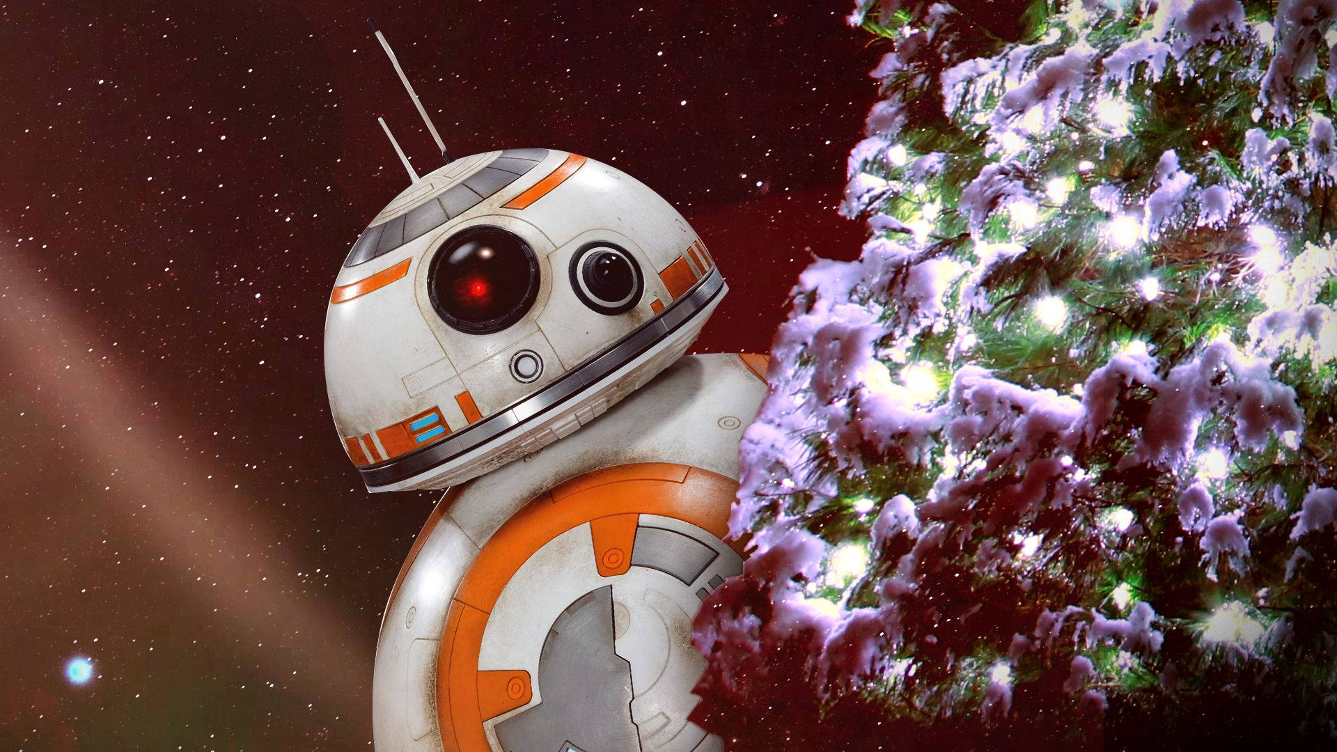 BB-8機械人在太空中的雪覆蓋聖誕樹旁，樹上閃爍著光芒。