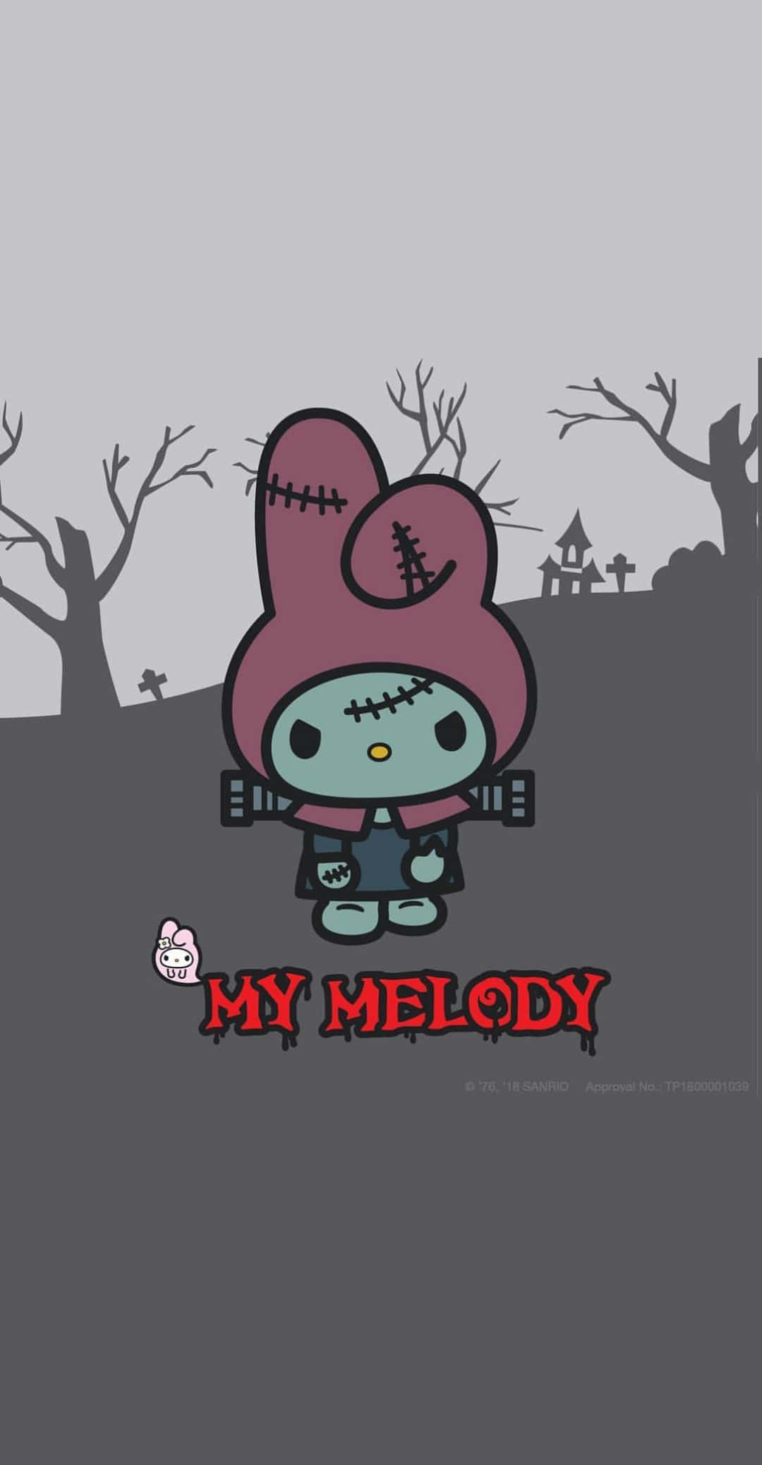 「像美樂蒂一樣甜美，用這可愛壁紙吧！」 壁紙 — 一個縫合的殭屍My Melody站在灰色的墓園中，背景有光禿禿的樹木和鬼屋。