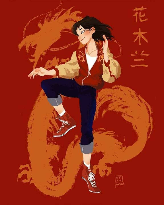 動漫角色花木蘭穿著現代服裝，身後有龍圖案擺姿勢。