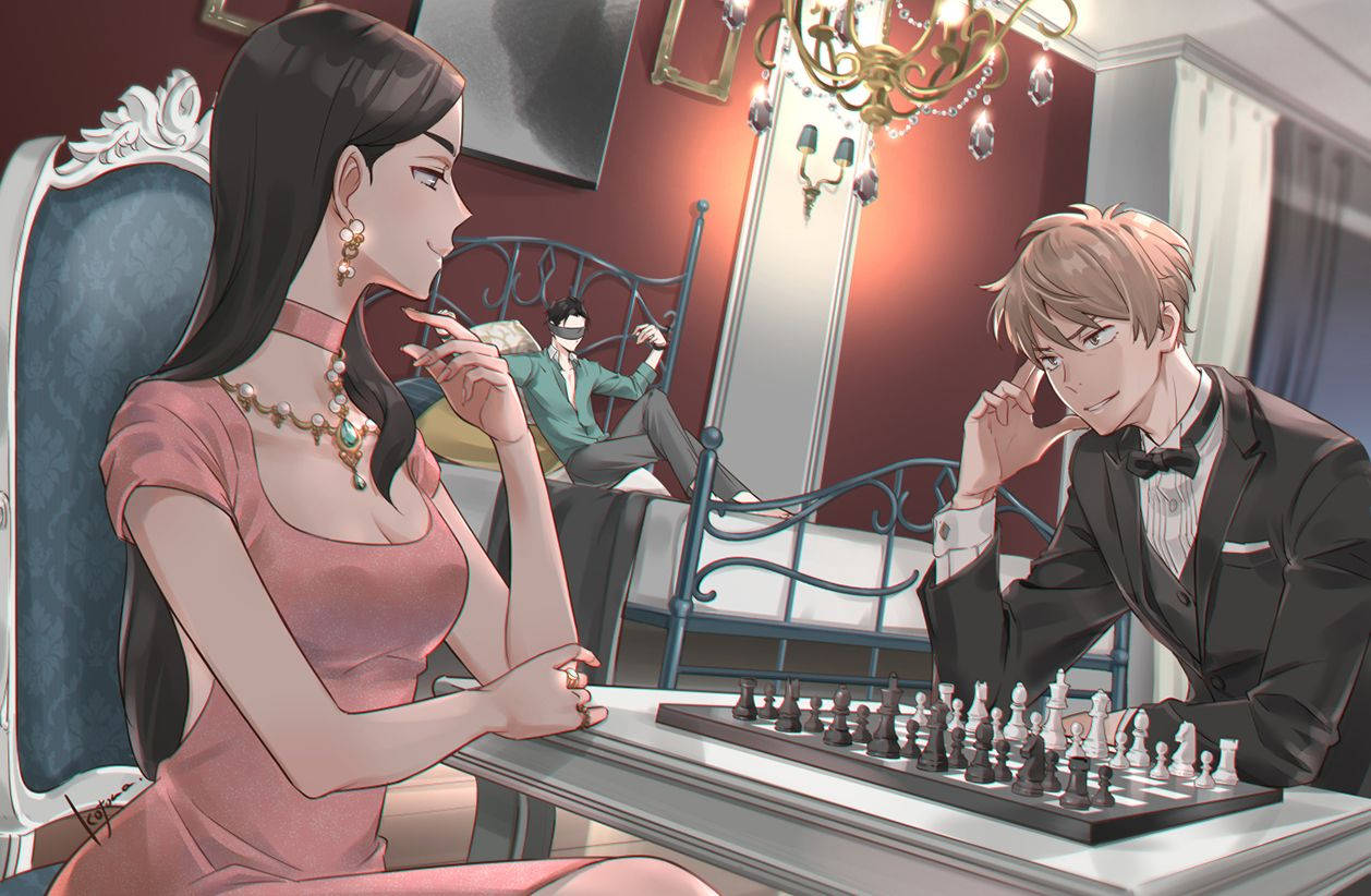 兩位動漫角色在豪華房間裡下棋，背景有第三者。