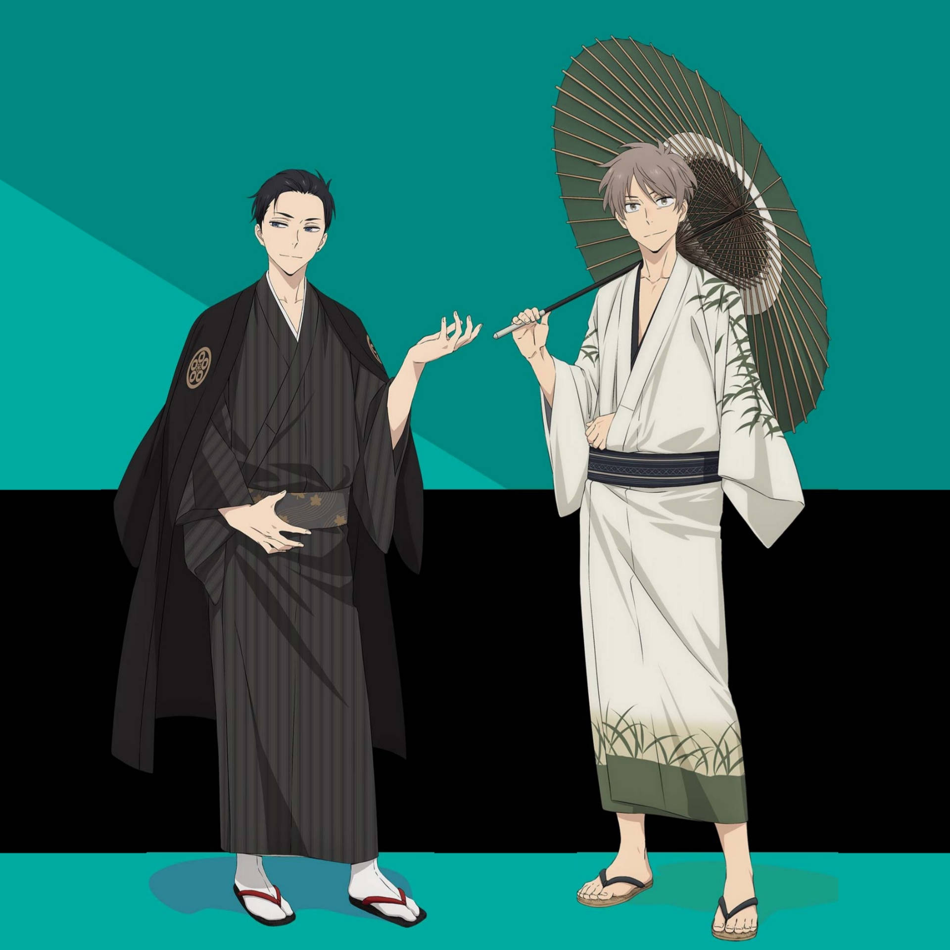 兩個動畫男子穿著傳統日本長袍，一人拿著傘。