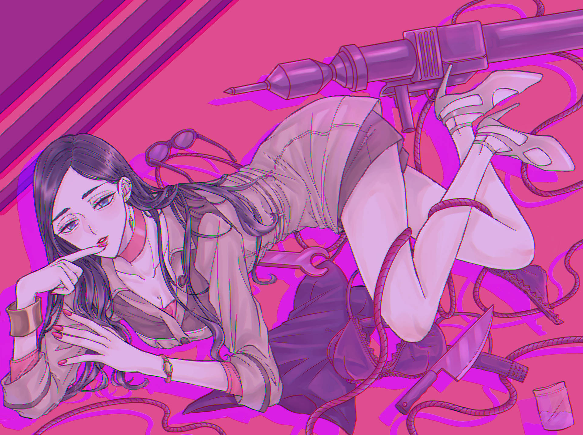 在粉紅色和紫色的環境中，被繩索和武器包圍的動漫女孩。