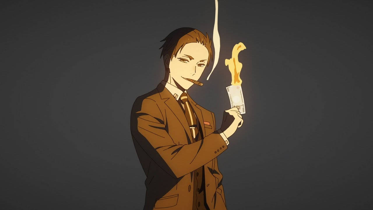 動漫男人穿棕色西裝抽雪茄並拿著燃燒的美元鈔票。