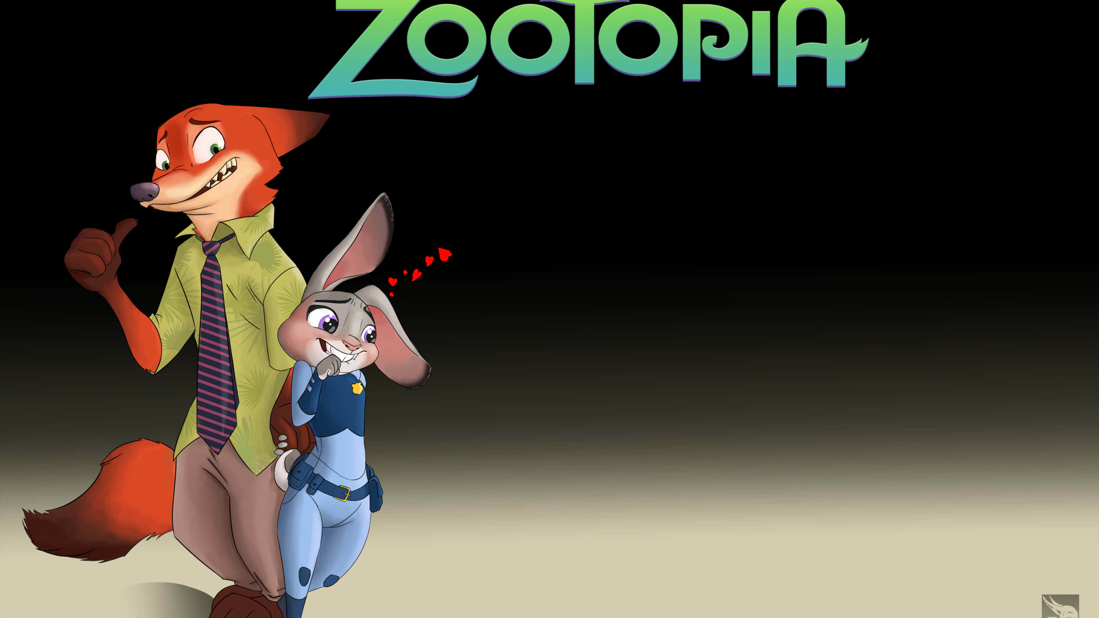 Animation Movies 桌布 壁紙 — 《優獸大都會》嘅狐狸同兔仔角色一齊企喺深色漸變背景前豎起拇指。