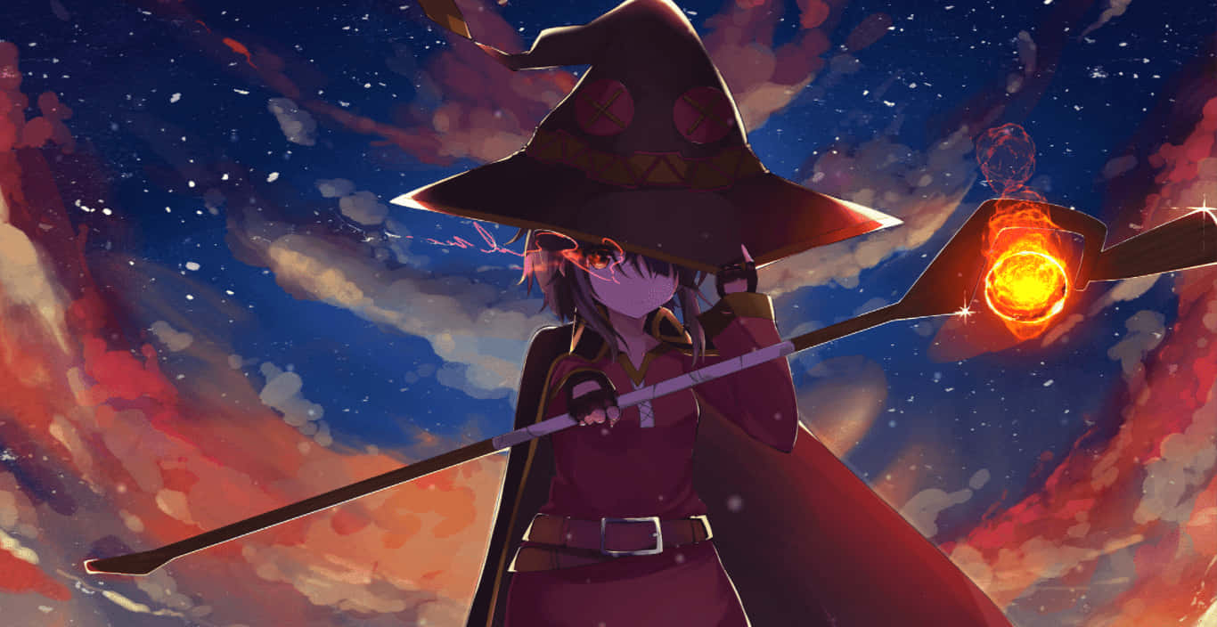 優質動畫《我老婆是魔法少女》角色梅格 壁紙 — 一位戴寬邊帽的年輕女巫，在佈滿宇宙雲彩的鮮豔暮色天空中揮舞著發光的法杖。