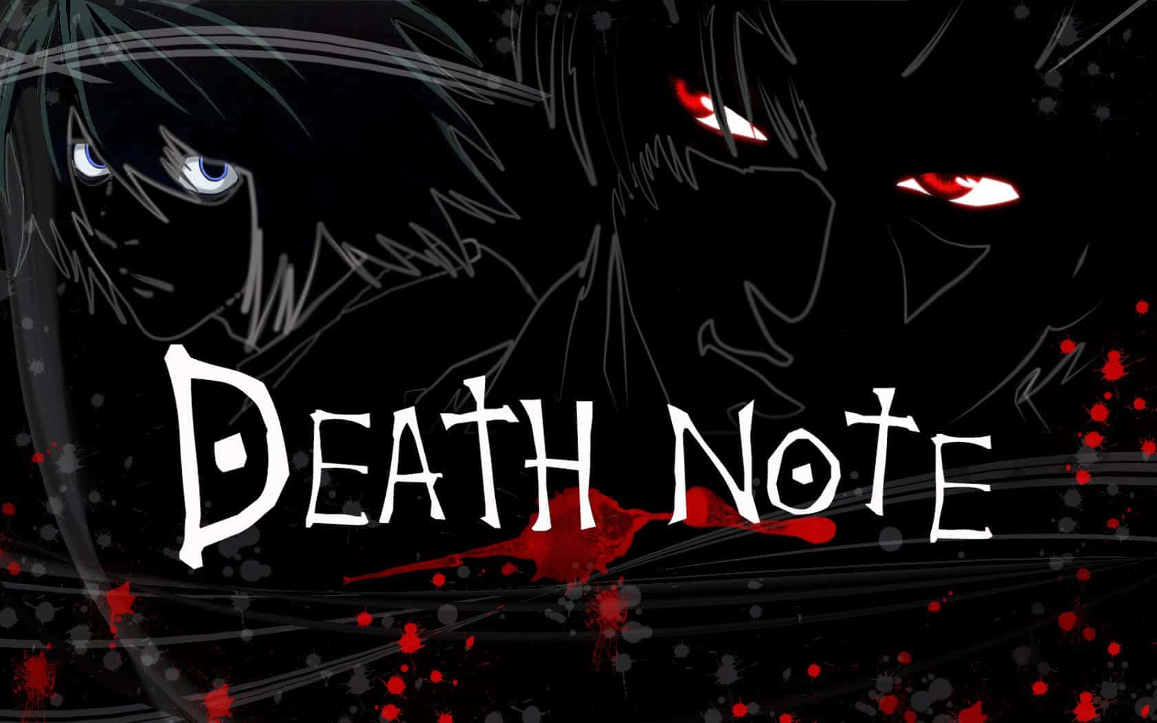 兩個發光眼睛的動漫角色，以及 Death Note 標題周圍的血跡。