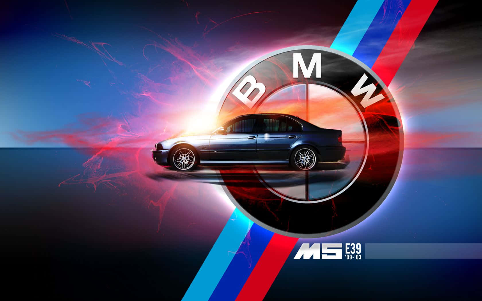 時尚的BMW M5 E39房車在抽象背景中帶有發光的能量條紋。