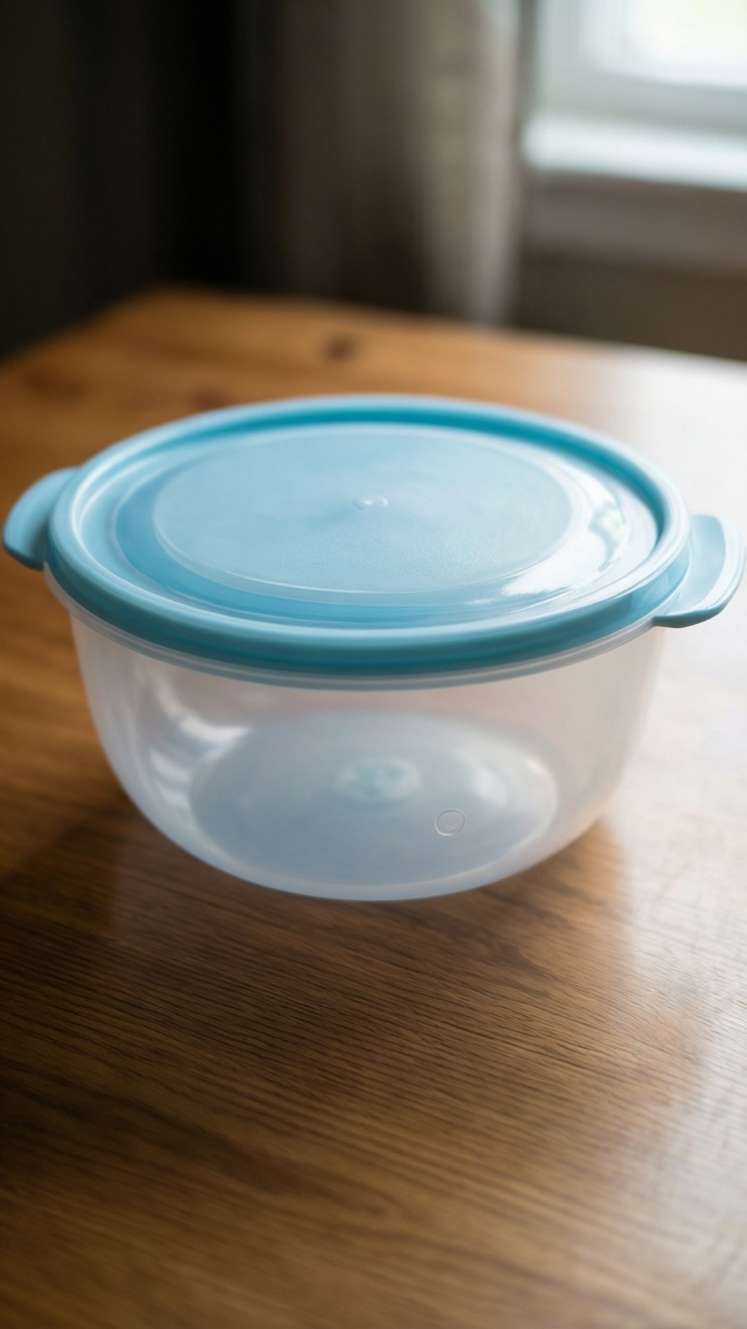 優雅Tupperware碗 壁紙 — 一個透明塑膠食物儲存碗，帶有淺藍色蓋子，放在窗邊溫暖的木桌上。