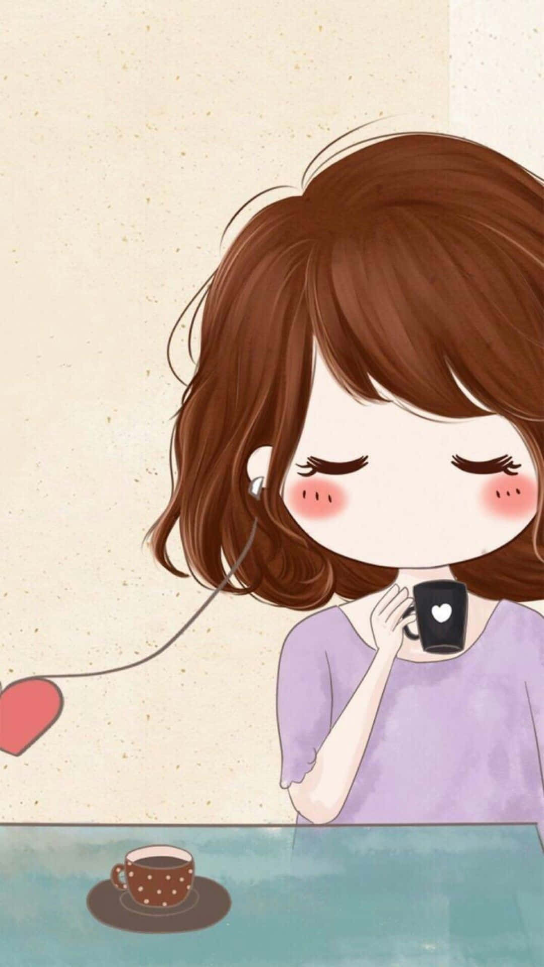 優雅之美 — 女孩肖像 壁紙 — 一個可愛的動漫女孩，棕色頭髮，在舒適的咖啡館裏一邊喝咖啡一邊聽音樂。