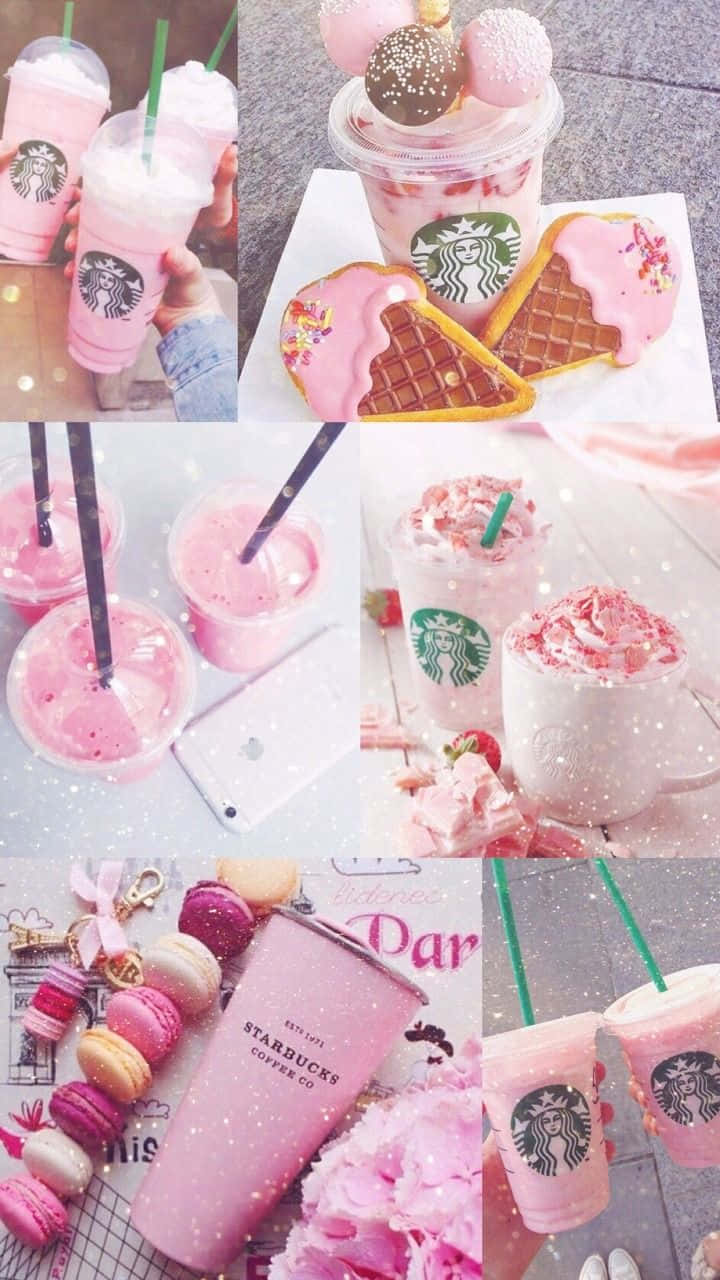 粉紅色星巴克飲品、甜品和糕點，以甜美粉彩美學排列，帶有閃爍效果。