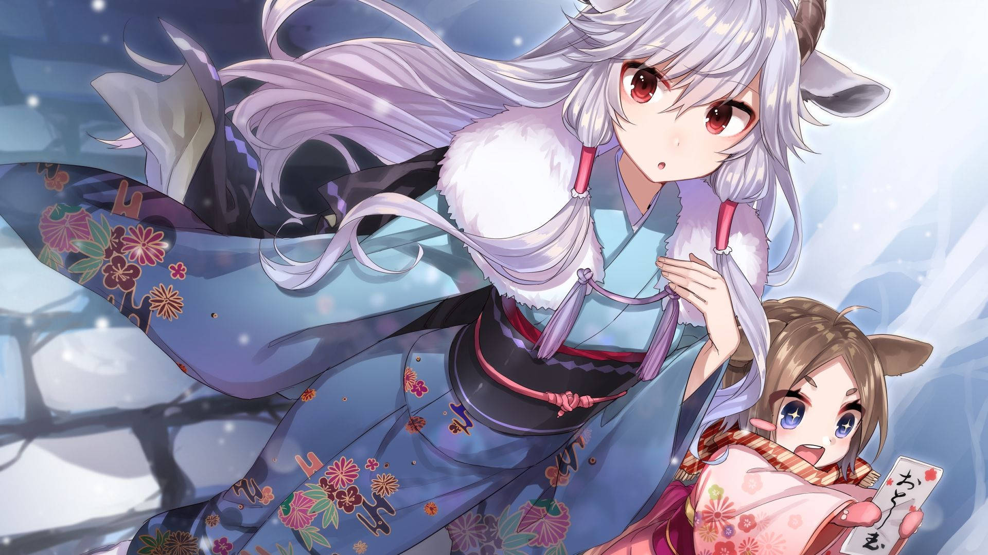 兩個有狐狸耳朵的動漫女孩穿著冬季和服在雪空中飄浮