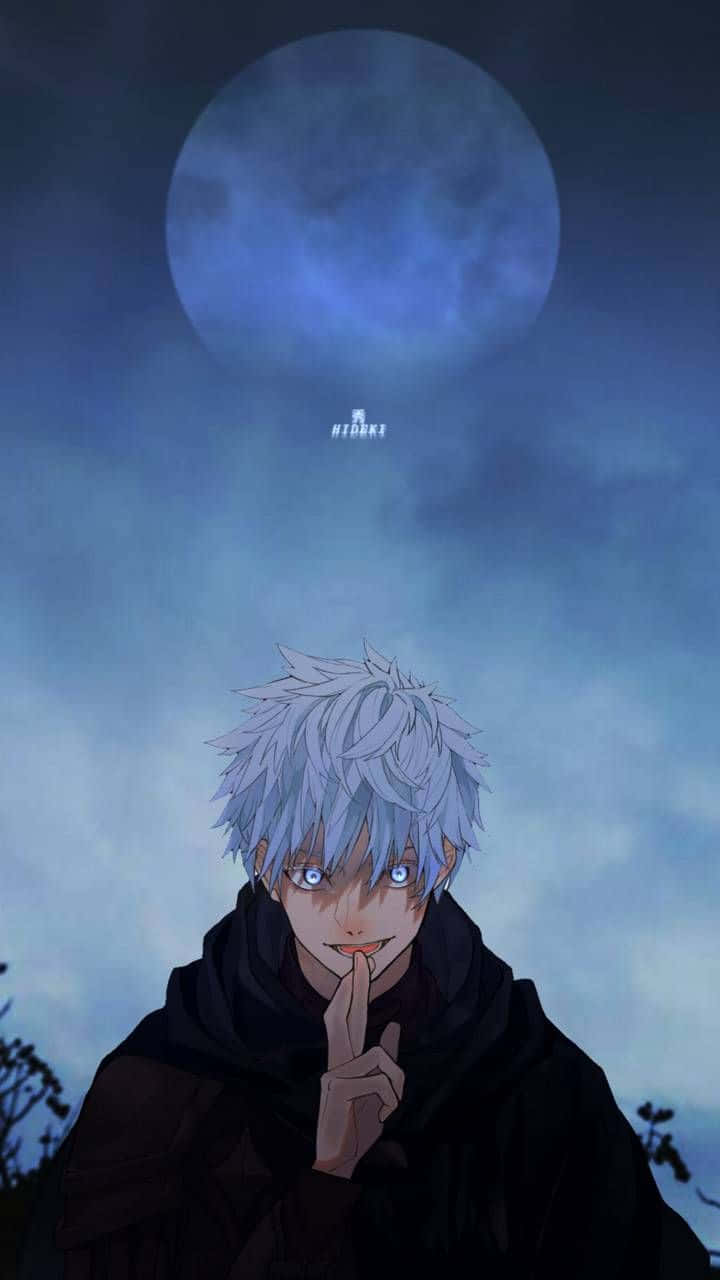 動漫角色，銀髮藍眼，在巨大的藍色月亮下將手指放在嘴唇上。