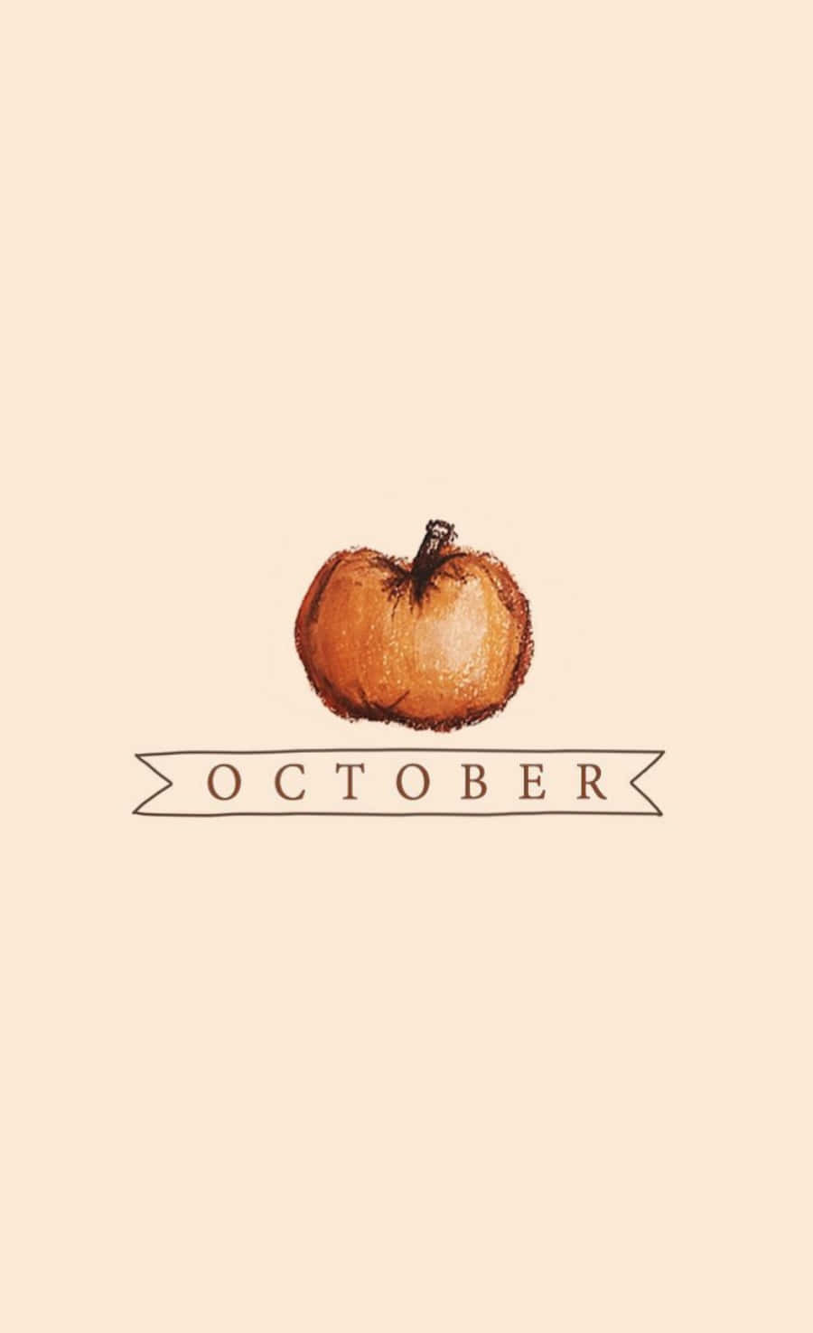 優雅十月 iPhone 壁紙 — 一個手繪水彩南瓜位於寫有「October」的橫幅上方，背景為柔和米色。