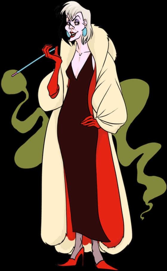 優雅反派女郎插畫 壁紙 — 一個風格化的動畫女性，身穿白色毛皮大衣和紅色連衣裙，在黑色背景上抽煙，帶有綠色煙霧漩渦。