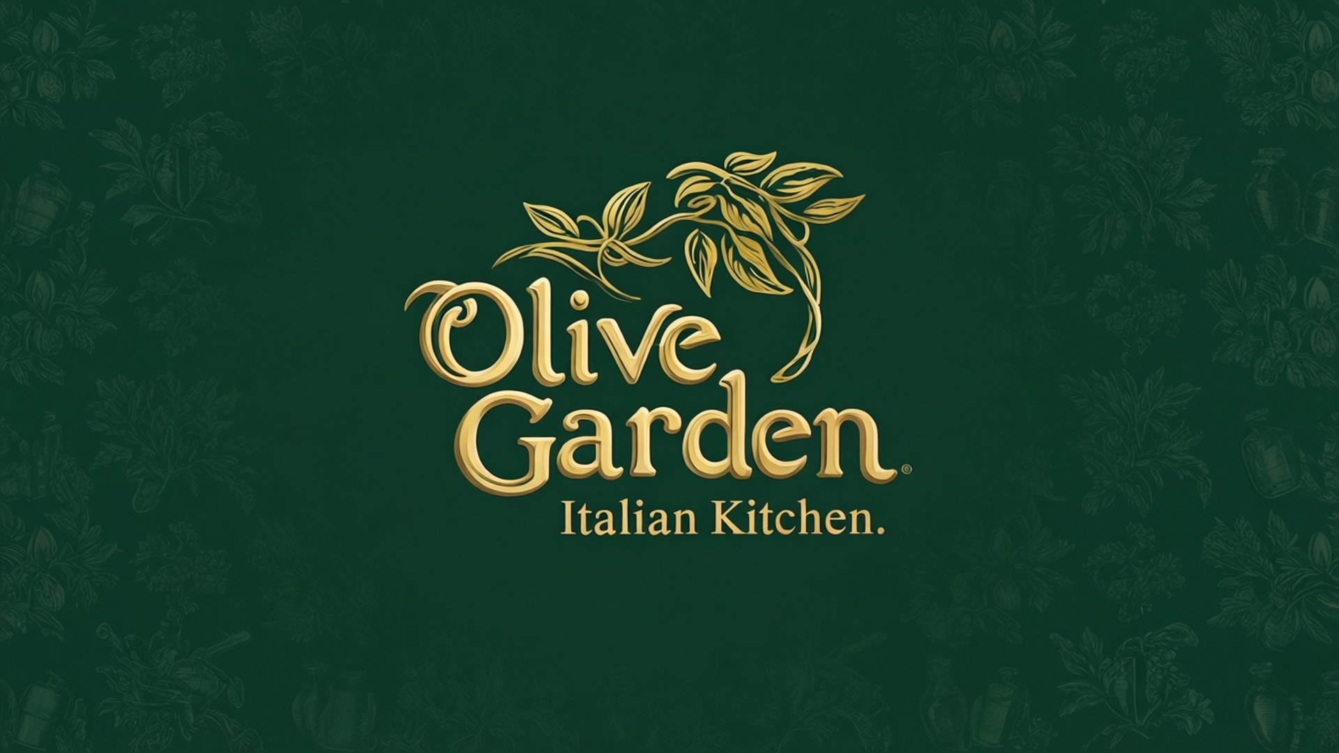 深綠色背景上的金色Olive Garden Italian Kitchen標誌，帶有花卉背景。