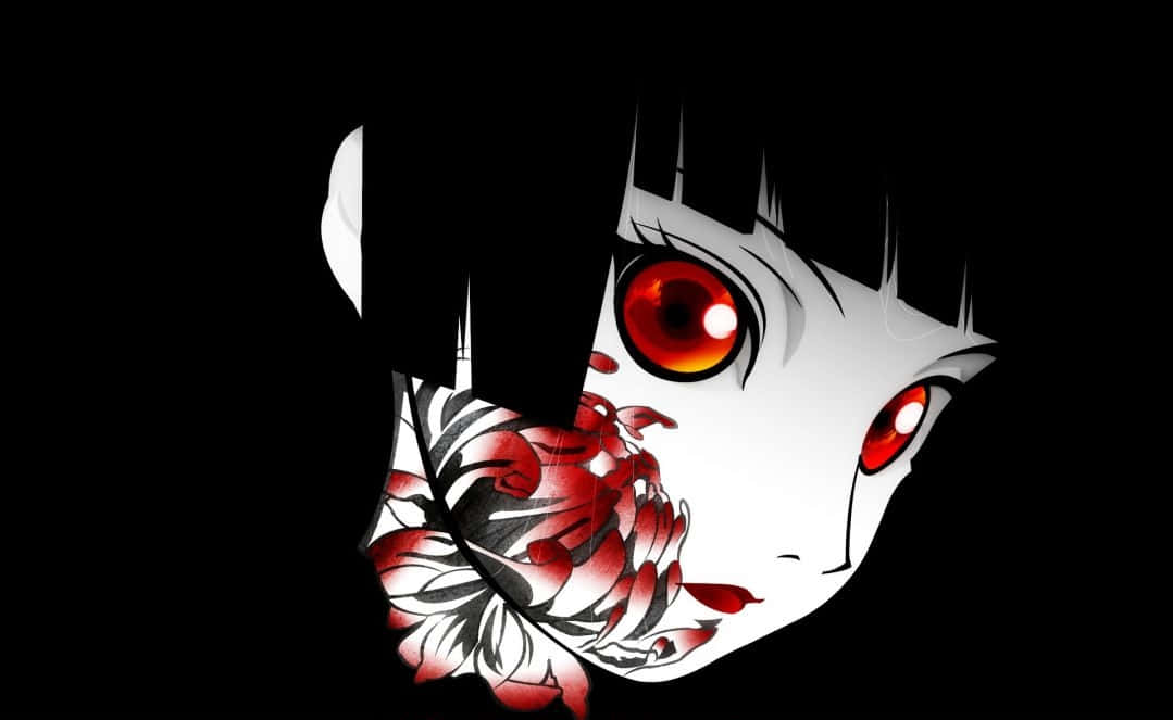 動漫女孩，紅眼睛，臉頰有花卉圖案，黑色背景
