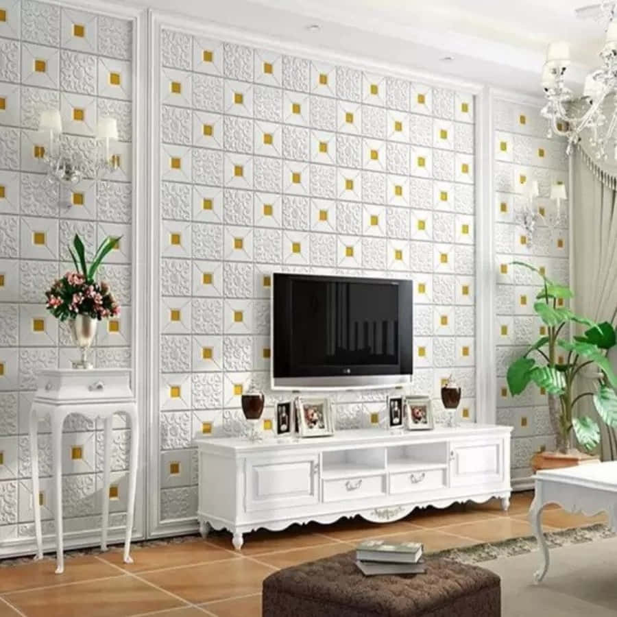 tv 桌布 壁紙 — 優雅嘅客廳，白色華麗牆紙配金色方形圖案，經典傢俬喺吊燈下。