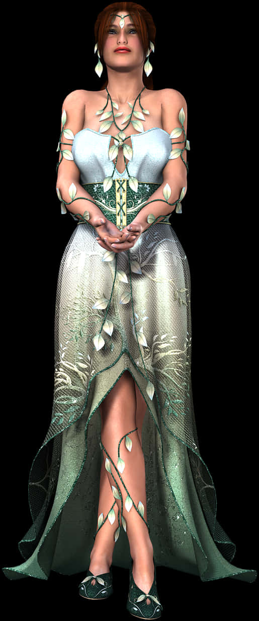優雅奇幻風格禮服設計 壁紙 — 一位身穿綠色和銀色葉飾長袍的數碼藝術奇幻女性，在黑色背景前優雅地站立。