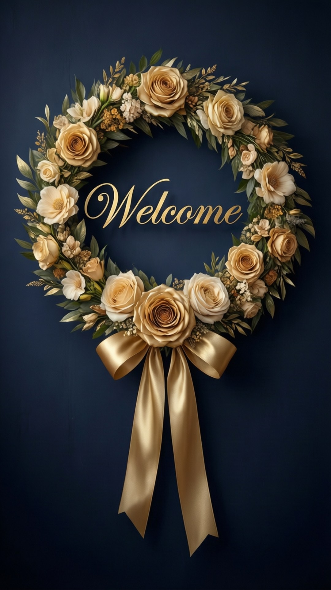 優雅婚禮歡迎橫幅 壁紙 — 一個豪華的金色和奶油色花卉花環，配有緞帶蝴蝶結和'Welcome'字樣，懸掛在深藍色背景上。
