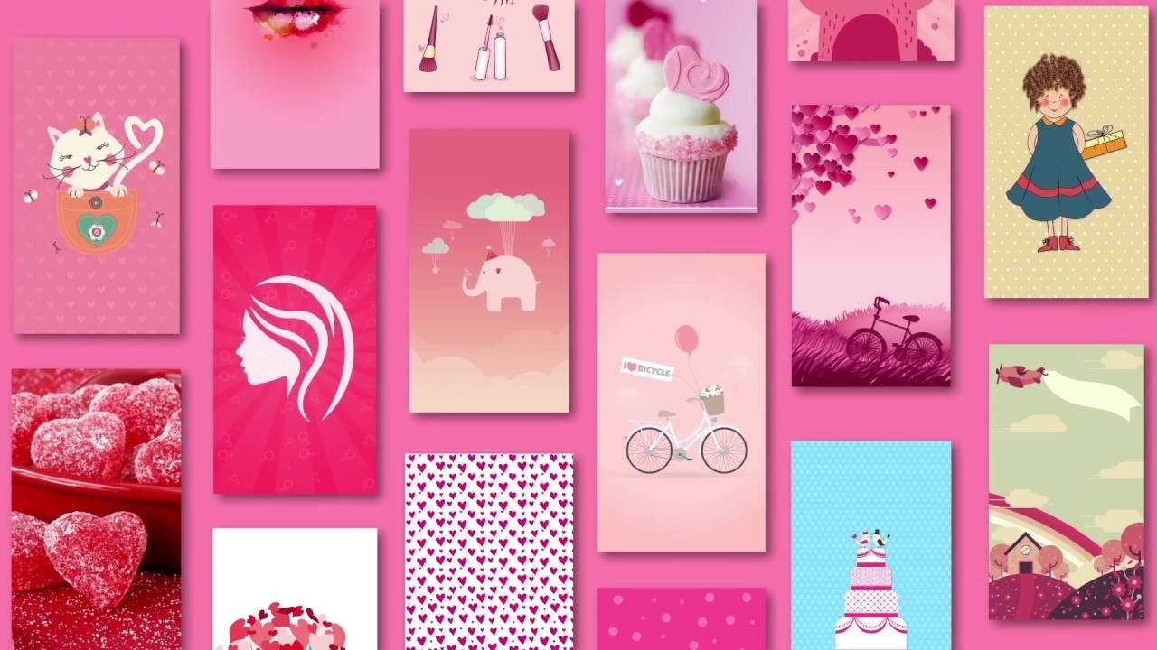 優雅少女風粉紅牆面 壁紙 — 以粉紅色為主題的插圖拼貼畫，包括杯子蛋糕、心形、單車和卡通人物，背景為充滿活力的粉紅色。