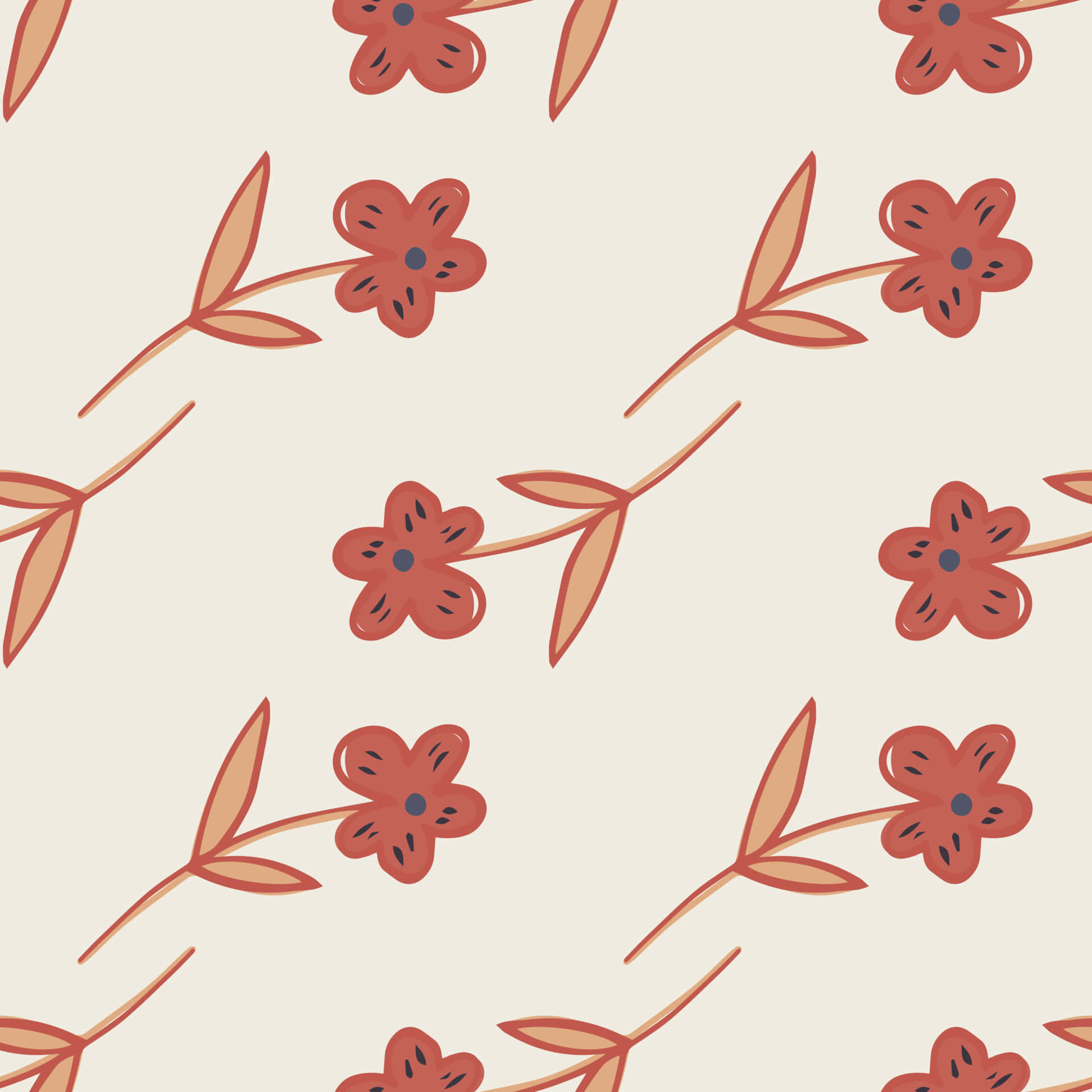 在奶油色背景上，重複的紅色花朵和米色花莖圖案。