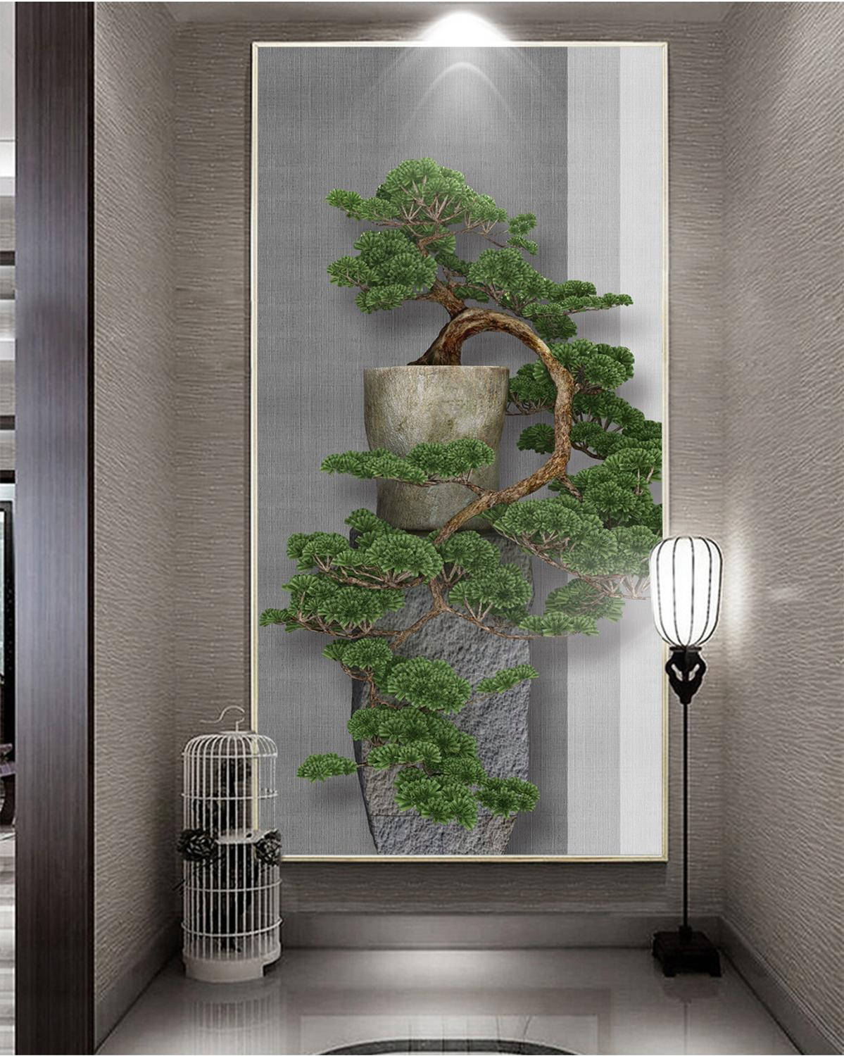 優雅懸垂式盆景樹 壁紙 — 一棵大型裱框盆景樹，擁有茂密的綠色樹葉和彎曲的樹幹，放置在現代走廊中，旁邊有一個白色鳥籠和一個立燈。