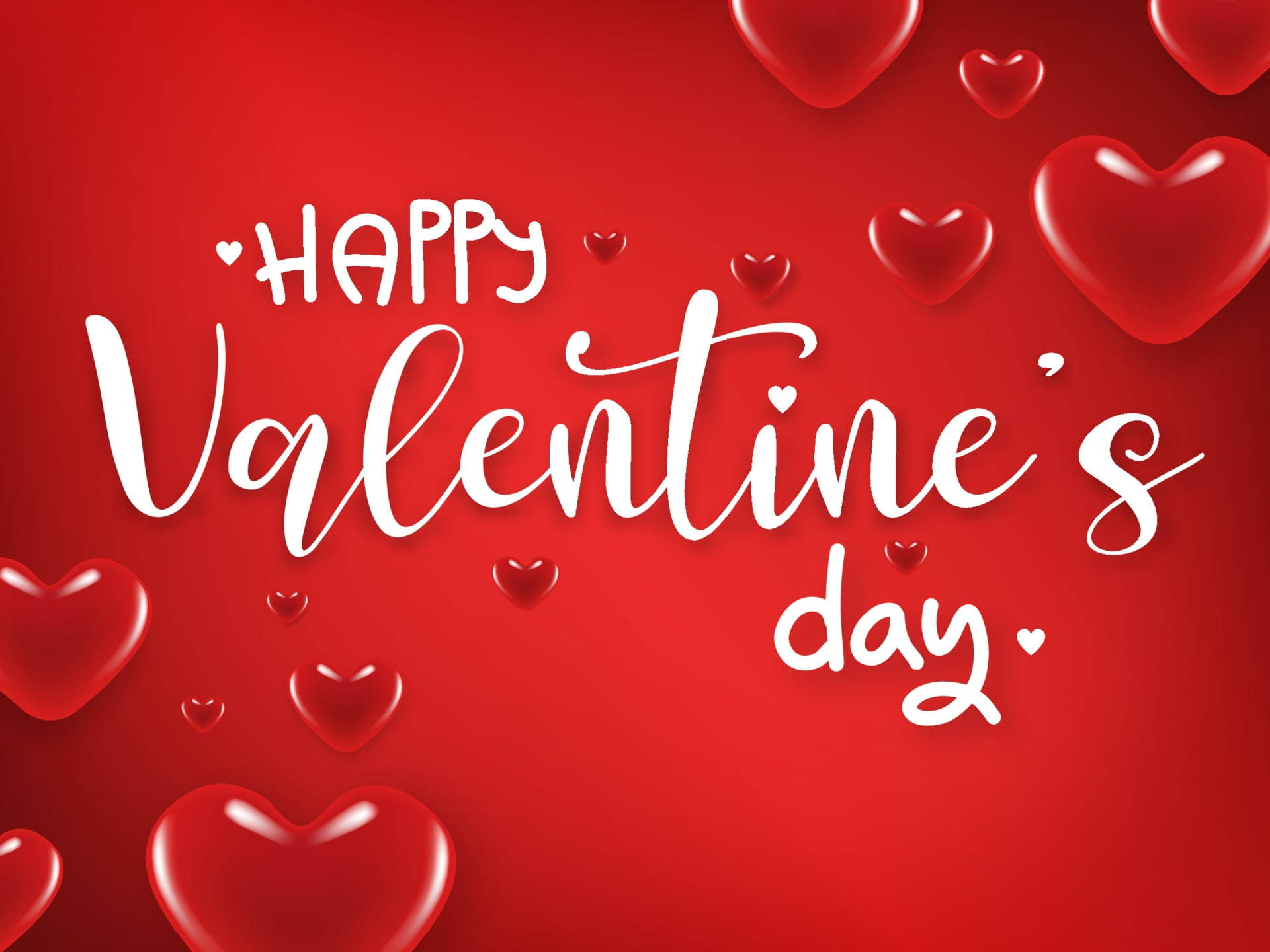 Happy Valentine's Day 文字被漂浮的紅色心形包圍在紅色背景上。