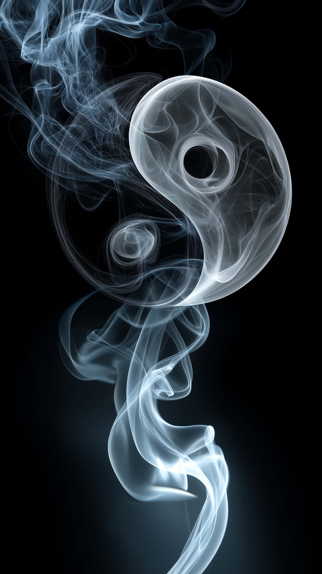 優雅旋轉白煙形成抽象形狀 壁紙 — 發光的白色煙霧在深黑色背景上形成陰陽符號，帶有旋轉的捲鬚。