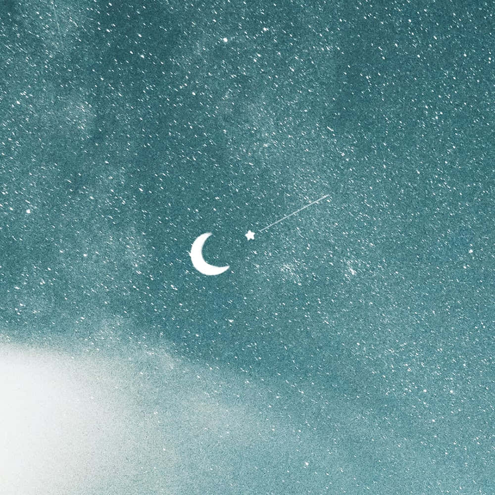 優雅月亮與星星圖 壁紙 — 寧靜的藍綠色夜空，點綴著星星，一彎新月追逐著流星。